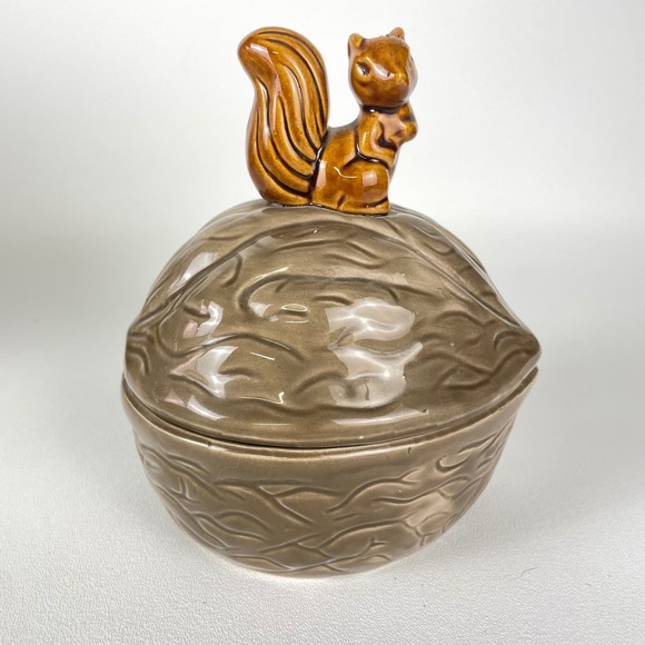 Other - Vintage Ceramic Walnut Lidded Dish Squirrel Finial Candy Nut Bowl Brown Taiwan